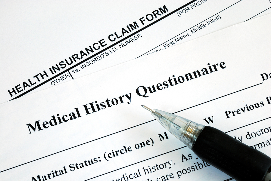 Medical claim form and patient medical history questionnaire